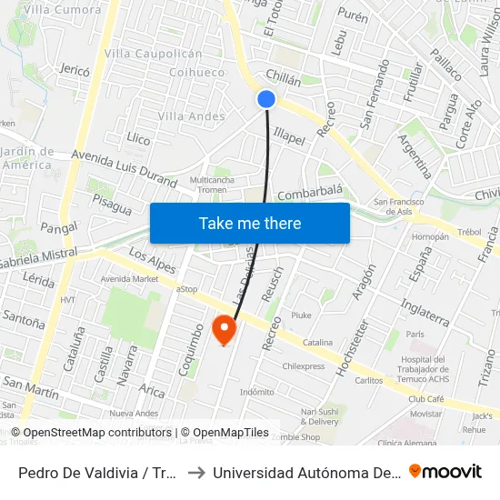 Pedro De Valdivia / Tromen to Universidad Autónoma De Chile map