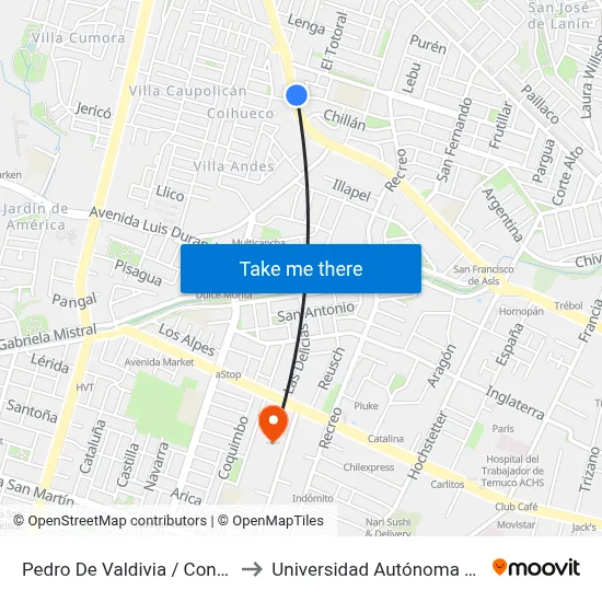 Pedro De Valdivia / Concepcion to Universidad Autónoma De Chile map