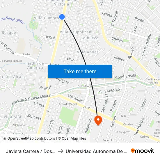 Javiera Carrera / Dos Sur to Universidad Autónoma De Chile map