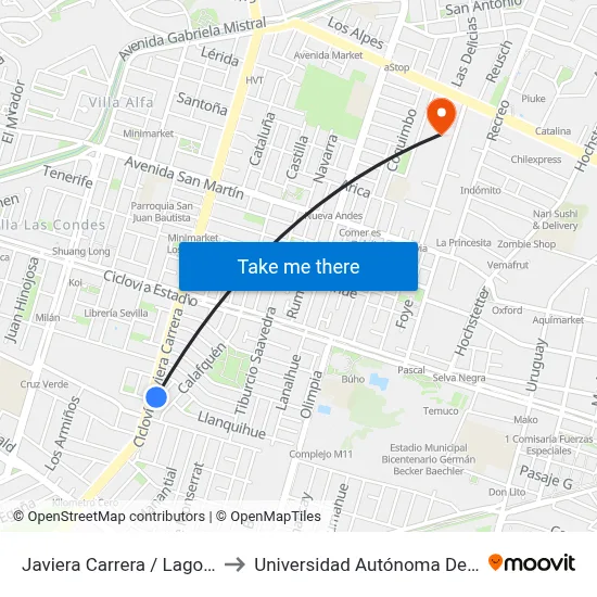Javiera Carrera / Lago Budi to Universidad Autónoma De Chile map