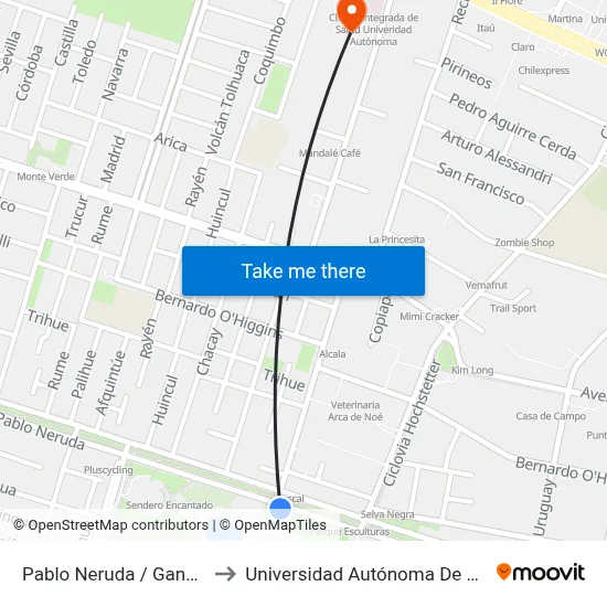 Pablo Neruda / Gangers to Universidad Autónoma De Chile map