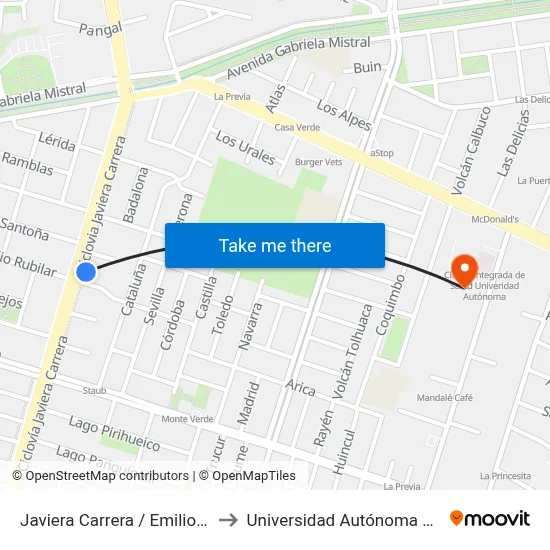 Javiera Carrera / Emilio Rubilar to Universidad Autónoma De Chile map