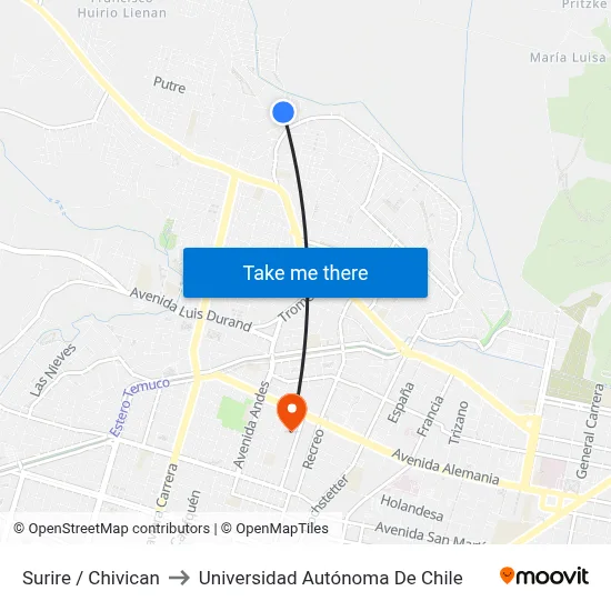 Surire / Chivican to Universidad Autónoma De Chile map