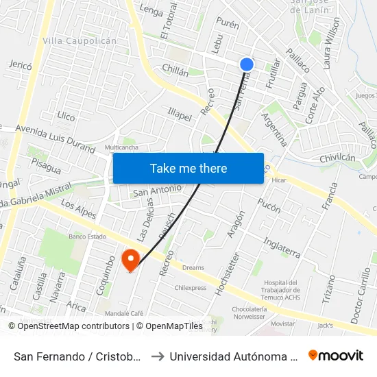 San Fernando / Cristobal Colon to Universidad Autónoma De Chile map