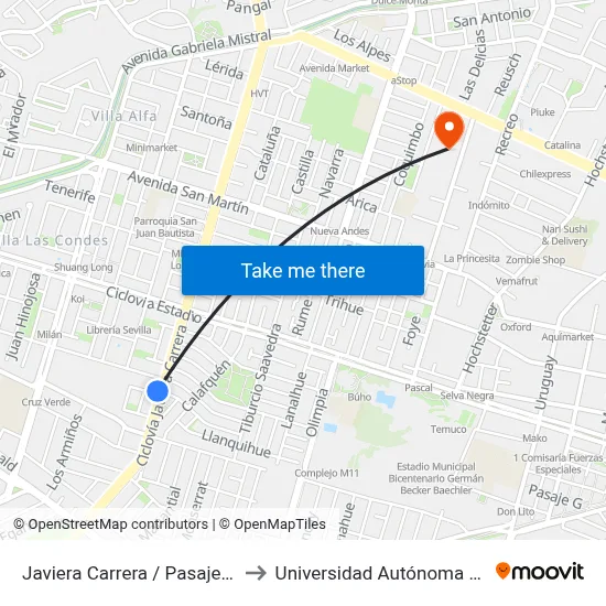Javiera Carrera / Pasaje Bayona to Universidad Autónoma De Chile map
