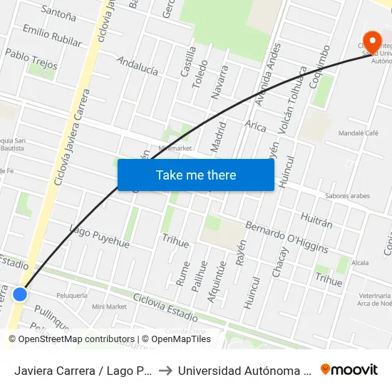 Javiera Carrera / Lago Pullinque to Universidad Autónoma De Chile map