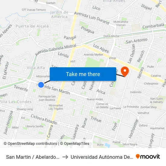 San Martin / Abelardo Silva to Universidad Autónoma De Chile map