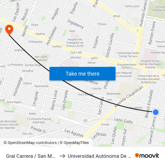 Gral Carrera / San Martin to Universidad Autónoma De Chile map