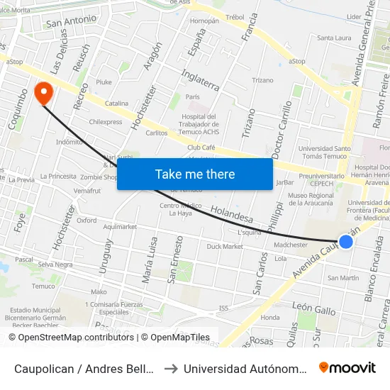 Caupolican / Andres Bello / Oriente to Universidad Autónoma De Chile map