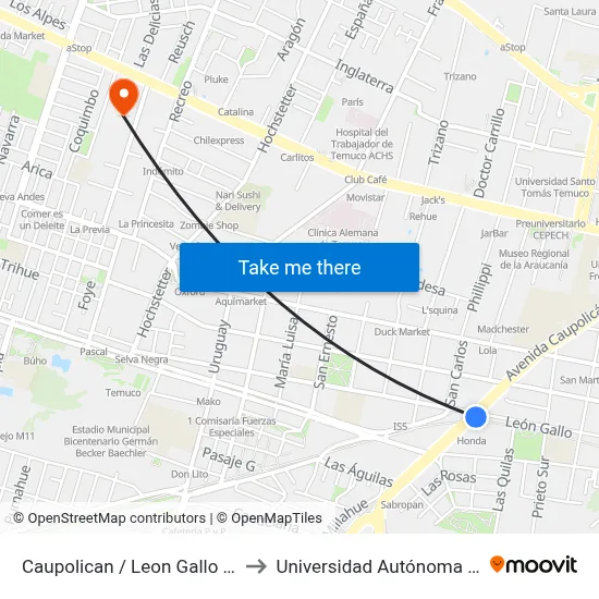 Caupolican / Leon Gallo / Oriente to Universidad Autónoma De Chile map