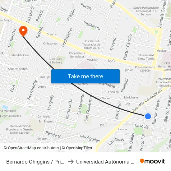 Bernardo Ohiggins / Prieto Sur to Universidad Autónoma De Chile map