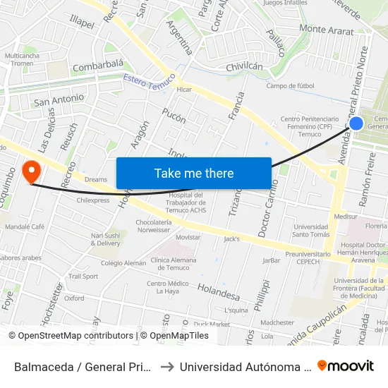 Balmaceda / General Prieto Norte to Universidad Autónoma De Chile map
