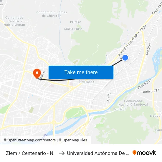 Ziem / Centenario - Norte to Universidad Autónoma De Chile map