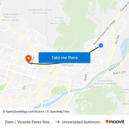 Ziem / Vicente Perez Rosales - Norte to Universidad Autónoma De Chile map