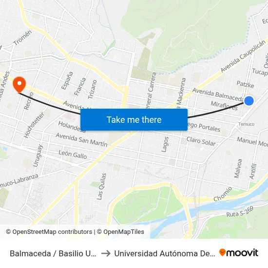Balmaceda / Basilio Urrutia to Universidad Autónoma De Chile map