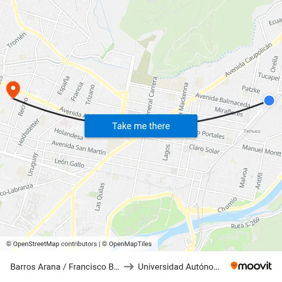 Barros Arana / Francisco Bilbao - Norte to Universidad Autónoma De Chile map