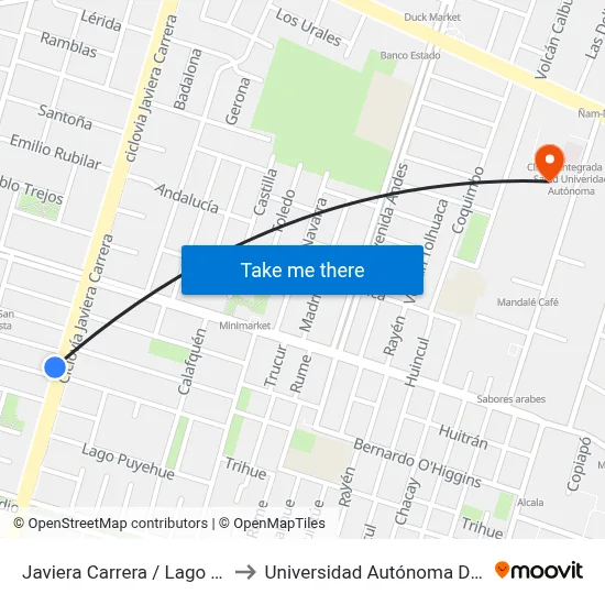 Javiera Carrera / Lago Ranco to Universidad Autónoma De Chile map