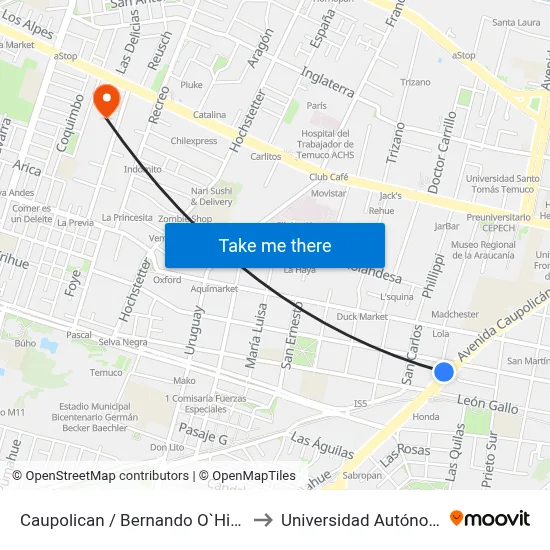 Caupolican / Bernando O`Higgins / Poniente to Universidad Autónoma De Chile map