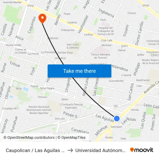 Caupolican / Las Aguilas / Poniente to Universidad Autónoma De Chile map