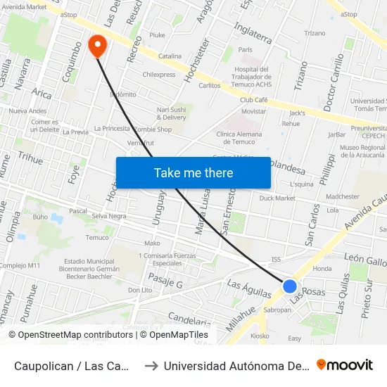 Caupolican / Las Camelias to Universidad Autónoma De Chile map