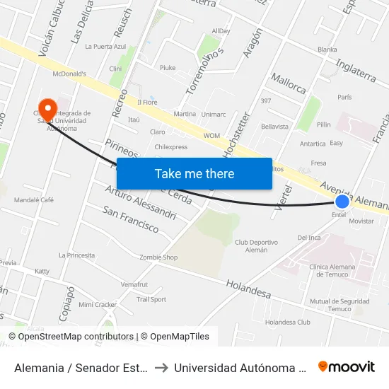 Alemania / Senador Estebanez to Universidad Autónoma De Chile map
