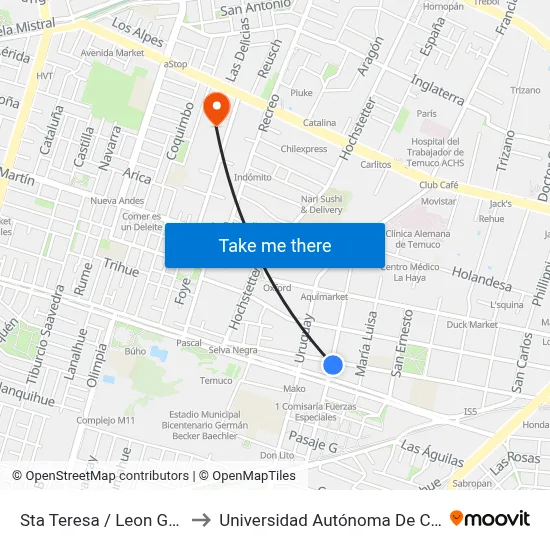 Sta Teresa / Leon Gallo to Universidad Autónoma De Chile map