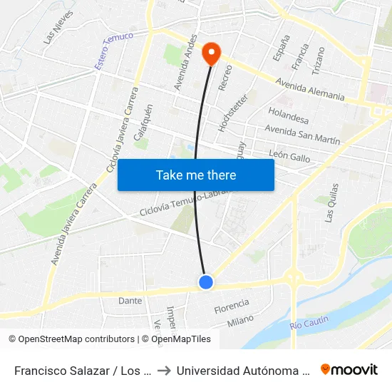 Francisco Salazar / Los Leones to Universidad Autónoma De Chile map