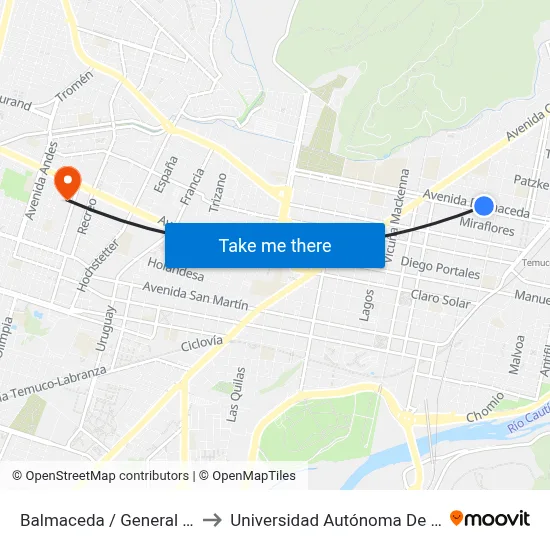 Balmaceda / General Cruz to Universidad Autónoma De Chile map