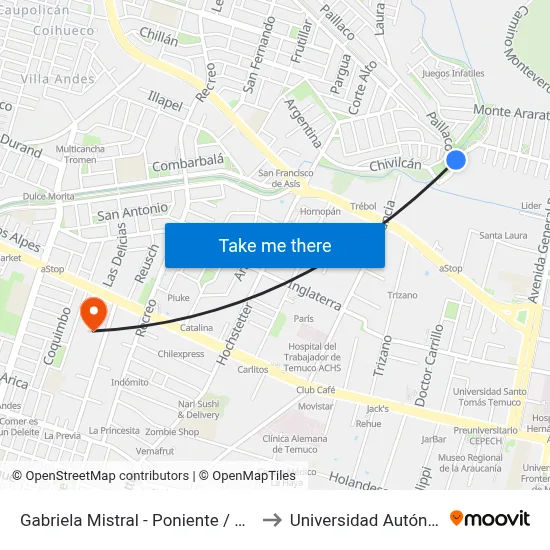 Gabriela Mistral - Poniente / Supemercardo Lider to Universidad Autónoma De Chile map