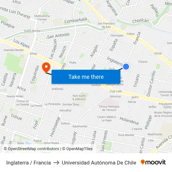 Inglaterra / Francia to Universidad Autónoma De Chile map