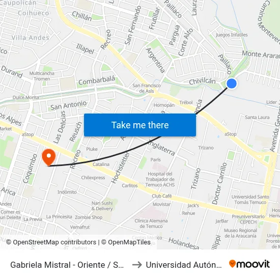 Gabriela Mistral - Oriente / Supermercado Lider to Universidad Autónoma De Chile map