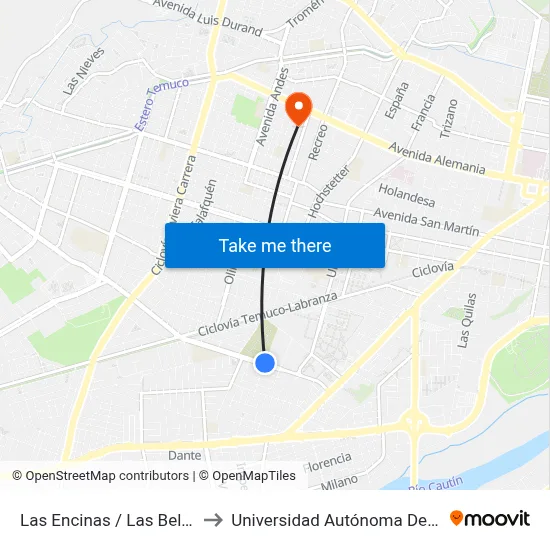 Las Encinas / Las Bellotas to Universidad Autónoma De Chile map