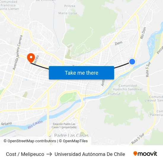 Cost / Melipeuco to Universidad Autónoma De Chile map