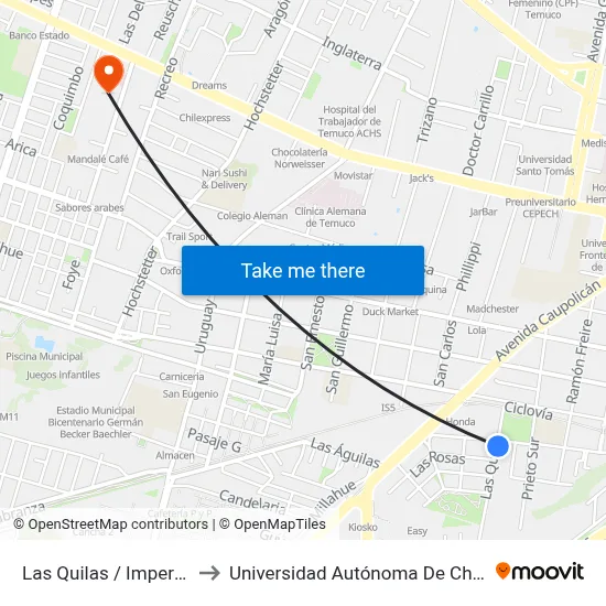 Las Quilas / Imperial to Universidad Autónoma De Chile map