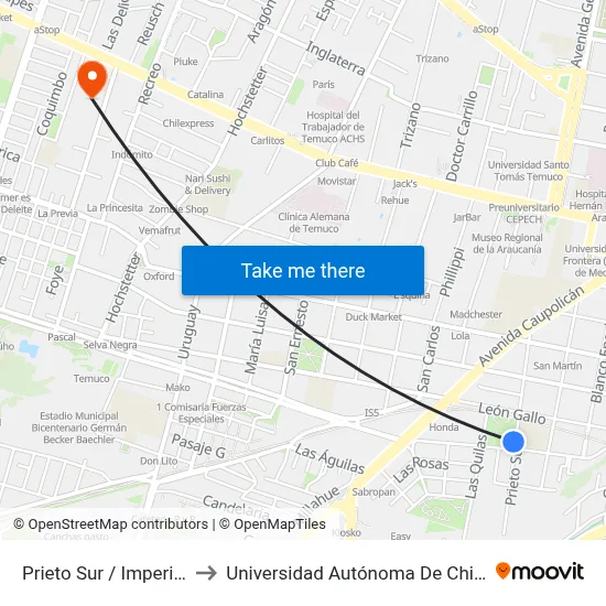 Prieto Sur / Imperial to Universidad Autónoma De Chile map