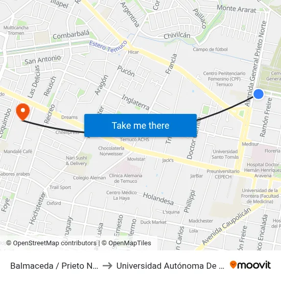 Balmaceda / Prieto Norte to Universidad Autónoma De Chile map