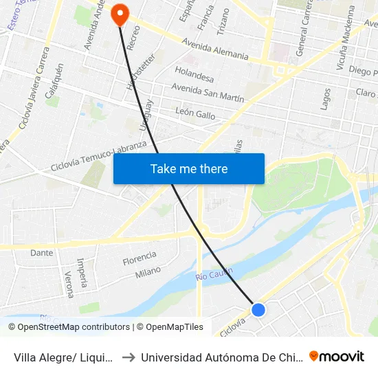 Villa Alegre/ Liquiñe to Universidad Autónoma De Chile map