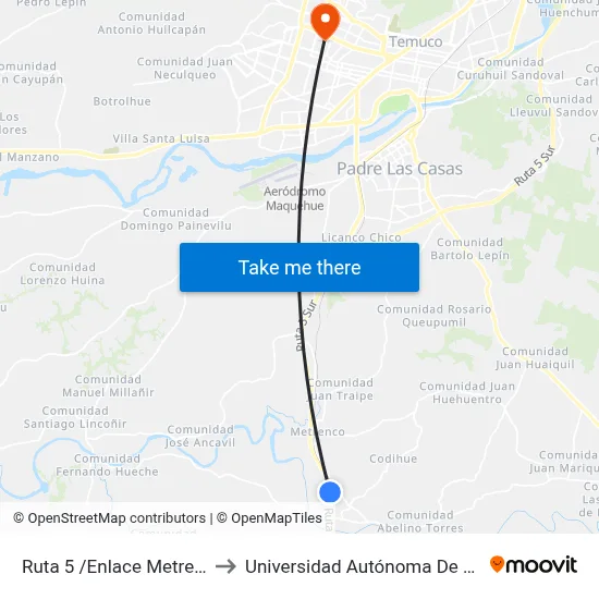 Ruta 5 /Enlace Metrenco to Universidad Autónoma De Chile map