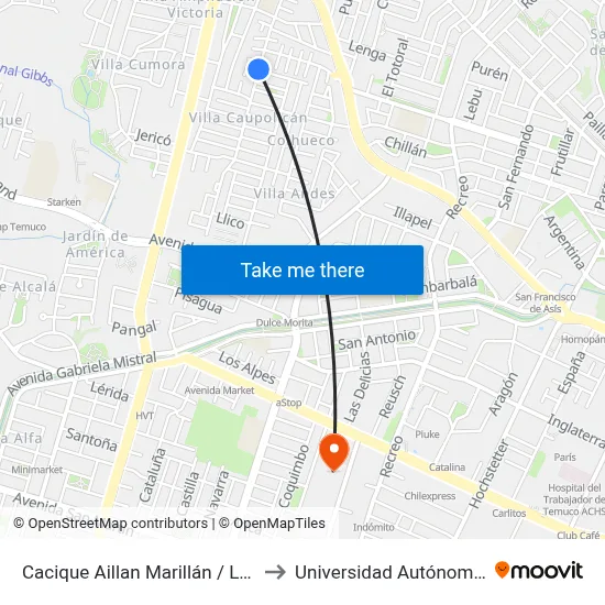 Cacique Aillan Marillán / Las Américas to Universidad Autónoma De Chile map