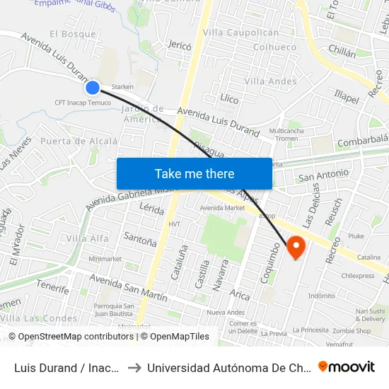 Luis Durand / Inacap to Universidad Autónoma De Chile map