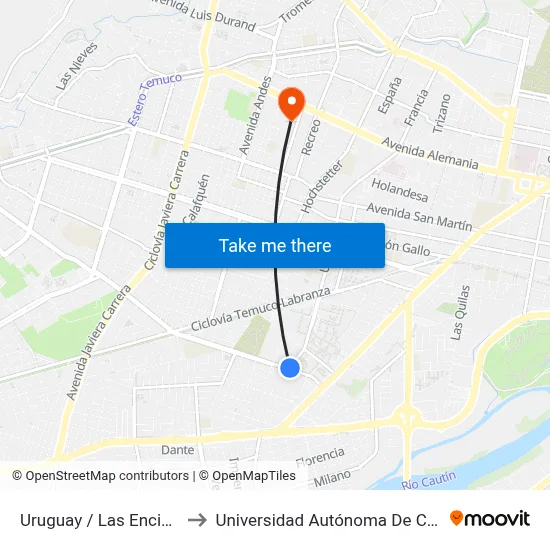 Uruguay / Las Encinas to Universidad Autónoma De Chile map