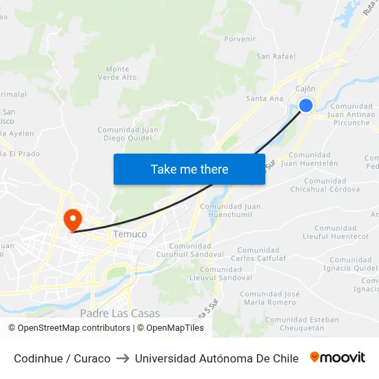 Codinhue / Curaco to Universidad Autónoma De Chile map