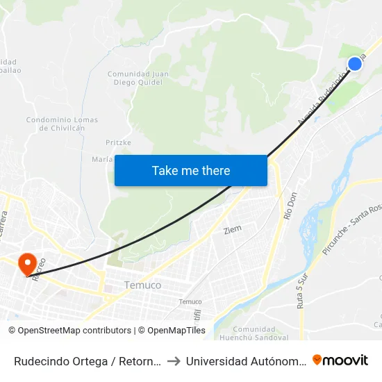 Rudecindo Ortega / Retorno A Temuco to Universidad Autónoma De Chile map