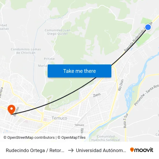 Rudecindo Ortega / Retorno Temuco to Universidad Autónoma De Chile map
