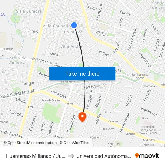 Huentenao Millanao / Juan Currin to Universidad Autónoma De Chile map