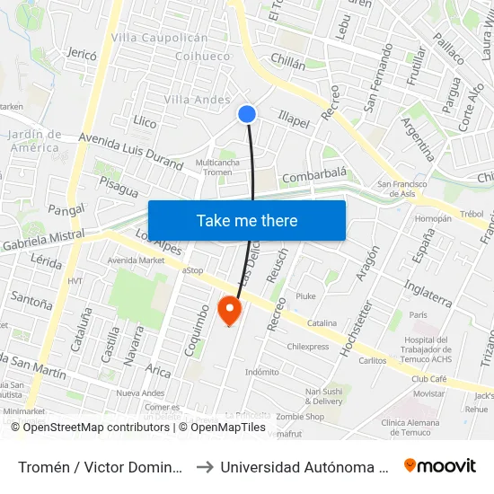 Tromén / Victor Domingo Silva to Universidad Autónoma De Chile map