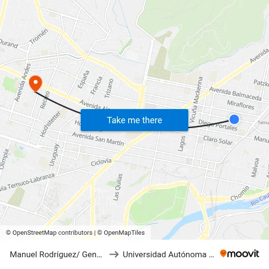 Manuel Rodríguez/ General Cruz to Universidad Autónoma De Chile map