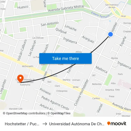 Hochstetter / Pucón to Universidad Autónoma De Chile map