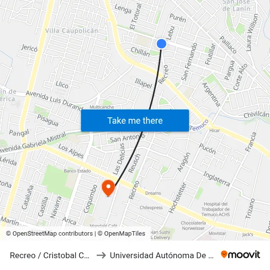 Recreo / Cristobal Colón to Universidad Autónoma De Chile map