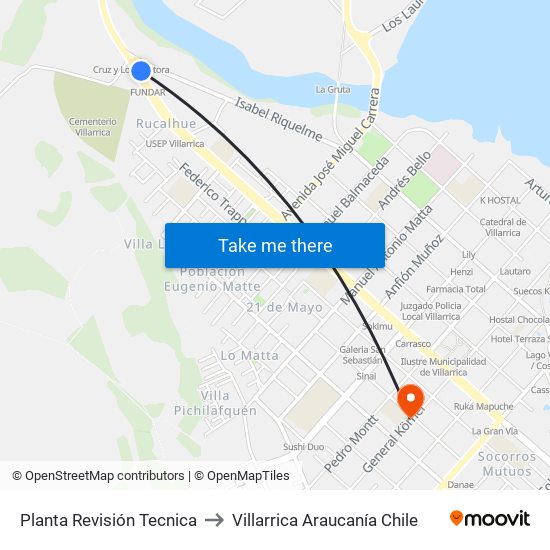 Planta Revisión Tecnica to Villarrica Araucanía Chile map